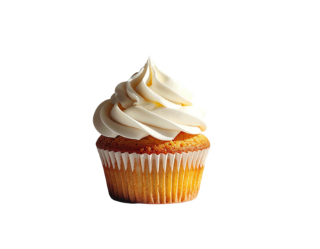 A single vanilla cupcake with fluffy, swirled frosting in a paper liner, light golden-brown cake