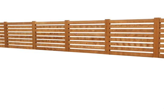 Horizontal wooden slat fence with concrete posts and base on background slats isolated on a transparent background