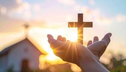 Hands holding a wooden cross against a sunset, with a blurred church in the background
