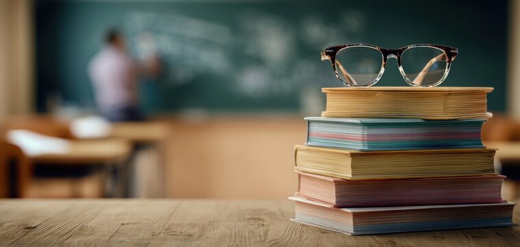 The collection of stacked books with glasses in a classroom setting.