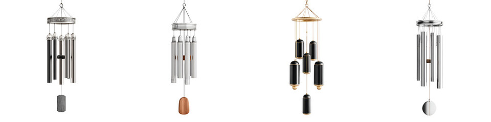 Wind Chimes Collection - Metal and Wood Musical Instruments Isolated on White