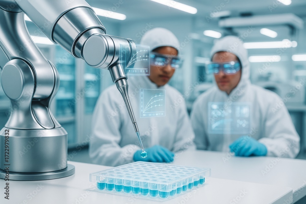Poster futuristic robotic arm conducting lab tests with scientists in clean suits using transparent digital