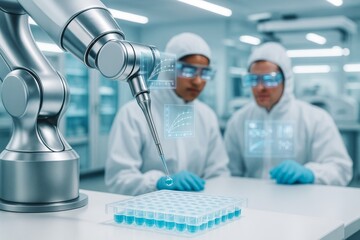 Futuristic robotic arm conducting lab tests with scientists in clean suits using transparent digital interfaces in bright science lab background. Ai generative