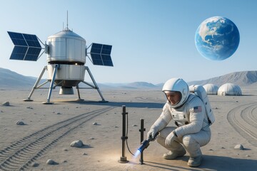 Astronaut conducting scientific experiment on lunar surface with futuristic lander, Earth in background, solar panels and domes visible. Ai generative