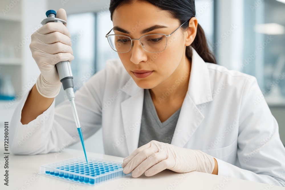 Poster scientist in white coat using micropipette for lab experiment, focused on filling microplate with bl
