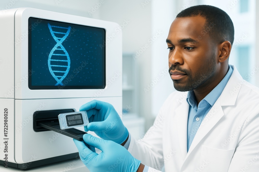 Poster scientist using dna sequencing machine in lab with digital double helix on screen, illustrating mode