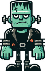 A cartoon Frankenstein’s monster with bolts on his neck