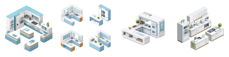 Isometric Kitchen Design Variations, Isolated on White