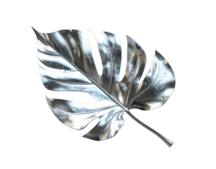 A single, metallic silver monstera leaf, highly polished,  reflecting light, isolated on a black background