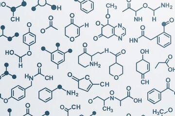 Seamless pattern of chemical molecular structures on light background for creative science-themed design and educational backdrops. Ai generative