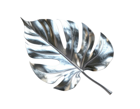 A single, metallic silver monstera leaf, highly polished,  reflecting light, isolated on a black background
