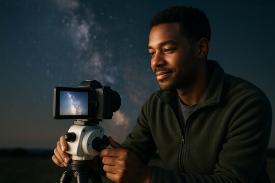 Man photographing night sky using digital camera on tripod with Milky Way in background under soft light, capturing creative astrophotography moment. Ai generative