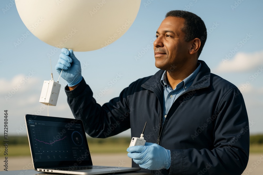 Poster scientist releasing weather balloon with instruments outdoors against clear sky, using laptop with d