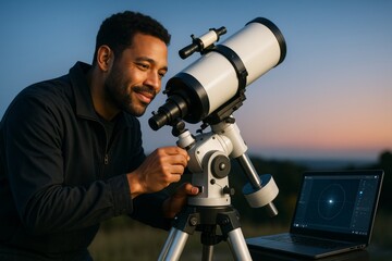 Young man observing night sky with telescope and laptop during sunset, symbolizing curiosity and exploration in science and astronomy concept. Ai generative