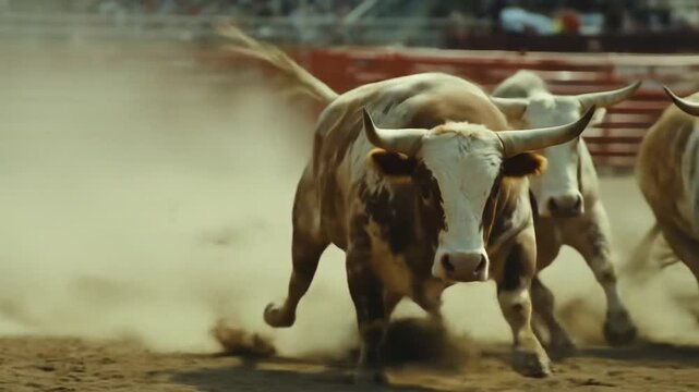 Bulls racing through a rodeo arena kicking up dust.