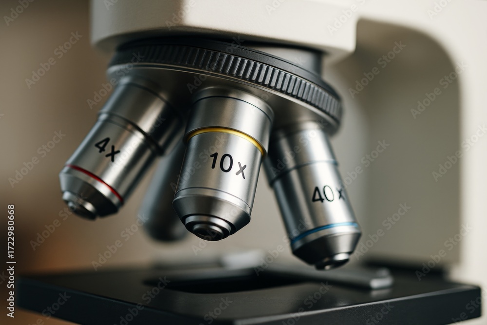 Poster close-up of microscope objective lenses showing magnification levels in a laboratory setting under s