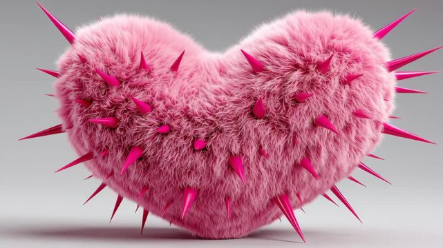 Vibrant pink heart-shaped object with soft fur texture and sharp spikes, showcasing a dynamic transformation in form and detail, emphasizing the playful yet edgy nature of this unique design