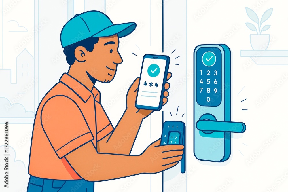 Poster man unlocking smart door using phone and keycard with digital pad on light indoor background, depict
