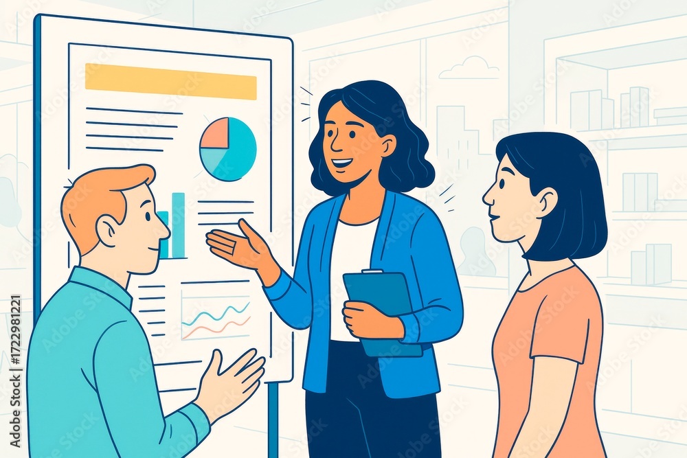 Poster business team discussing data analysis with charts during office meeting in modern workplace environ