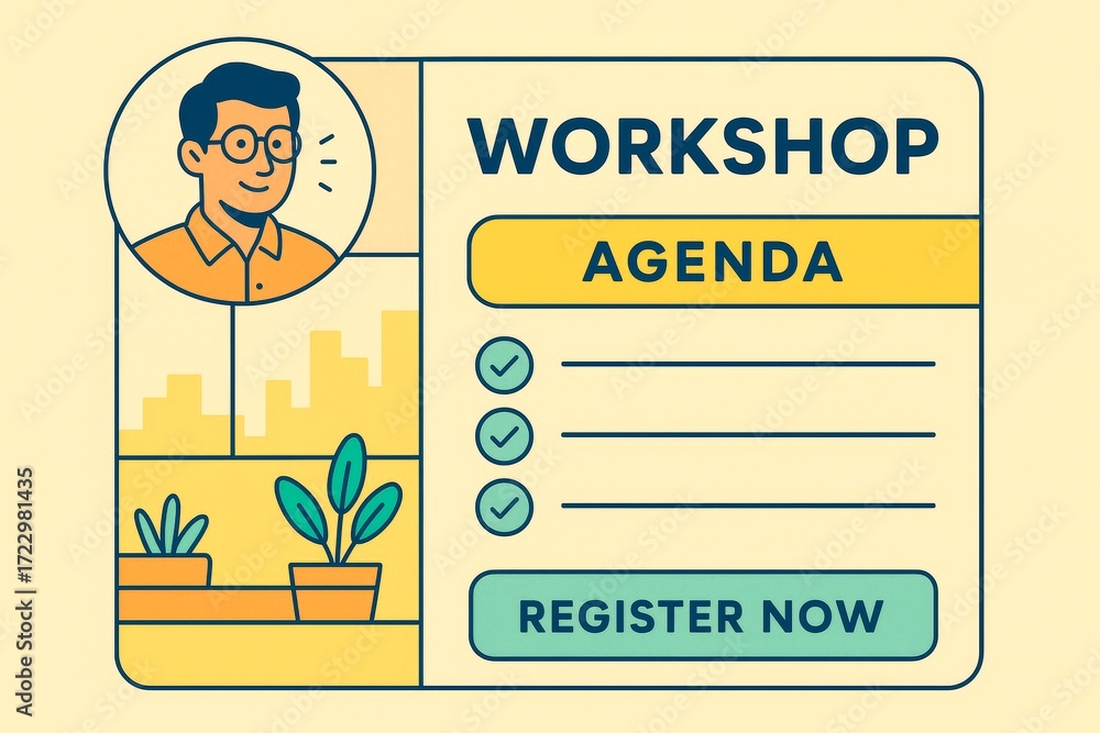 Poster flat style digital workshop agenda template with cartoon man, checklist and register button on light