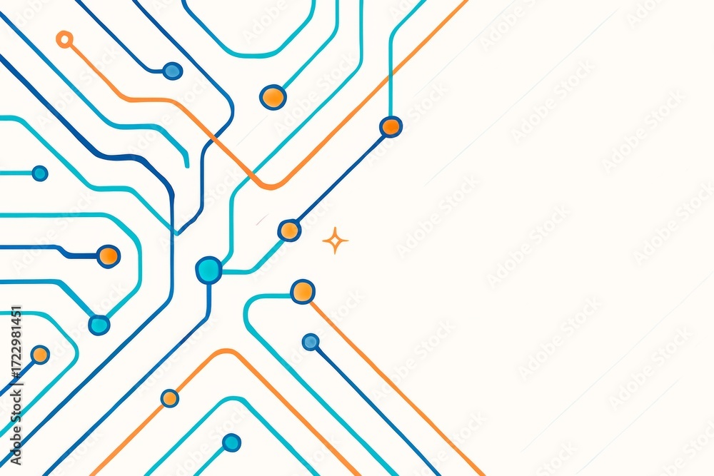 Poster abstract circuit lines in blue and orange on light background forming a technology network pattern w