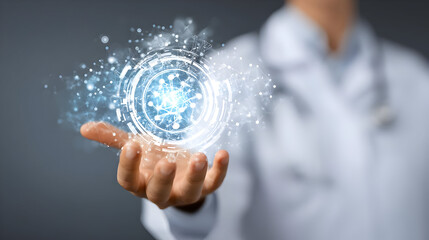 gadget with glowing digital interface hovering above doctorâ€™s hand