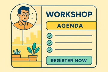 Flat style digital workshop agenda template with cartoon man, checklist and register button on light background for modern event promotion. Ai generative