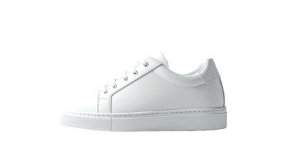 A pristine white leather low-top sneaker, showcasing clean lines and a minimalist design, sits on a plain background.  Its simple laces and flat sole suggest a versatile, casual style