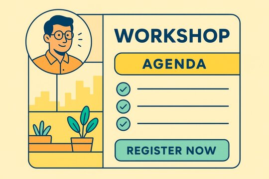 Flat style digital workshop agenda template with cartoon man, checklist and register button on light background for modern event promotion. Ai generative