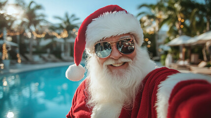 Jolly Santa wearing stylish sunglasses taking selfie beside luxurious resort swimming pool, relaxing during festive tropical holiday getaway