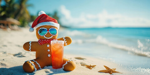 Smiling gingerbread character wearing santa hat, sunglasses lounging on sandy beach with festive decorations, sipping tropical cocktail during holiday getaway