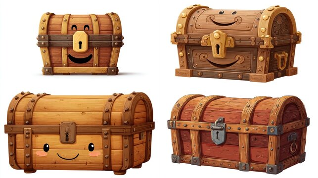 Four cartoonish wooden chests, two with smiling faces, varying in wood tones and metal accents, displayed against a white background