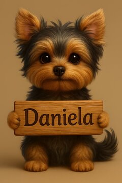A cute little dog holding a wooden sign with the name Daniela