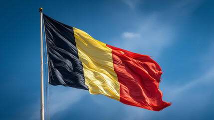 Belgium flag waving in the blue sky patriotic symbol of belgium national identity europe