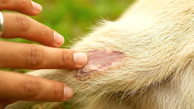 Close-up of a hand examining a dogs skin irritation, possibly a hot spot or allergic reaction, on its fur-covered leg.