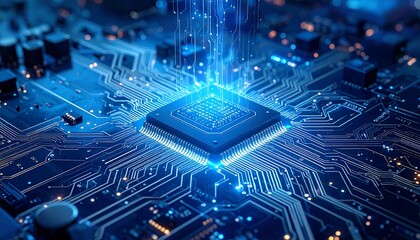 A glowing computer chip emits beams, depicting technology, processing power, and electronic circuitry against a blue-toned, futuristic background