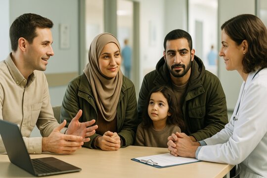 Multicultural family with child having medical consultation with doctor and interpreter in modern clinic setting with soft light background. Ai generative