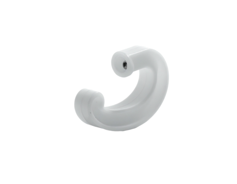 Off-white, curved plastic component with a small cylindrical protrusion and a slight indentation, isolated on a black background