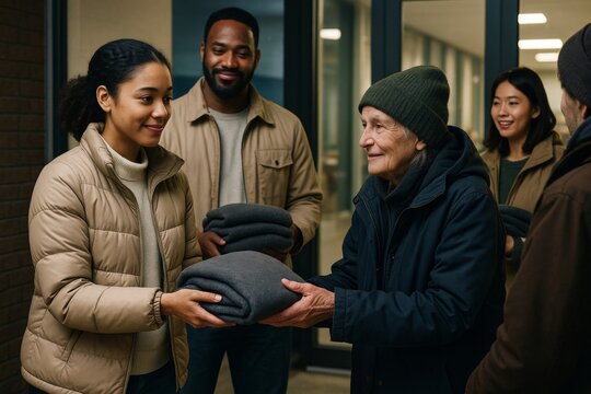 Diverse group of volunteers distributing warm blankets to elderly people indoors, promoting kindness and unity during a social help initiative. Ai generative