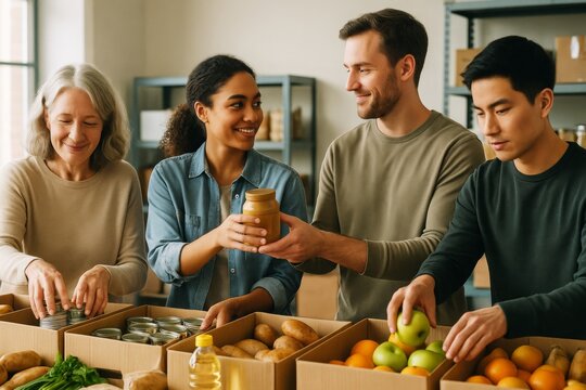 Diverse group of volunteers packing food supplies together in cardboard boxes in a warehouse with light background, supporting social causes. Ai generative - Powered by Adobe