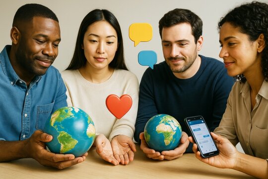 Diverse group of people holding globes and chatting with heart and speech bubble icons on light background symbolizing global social connection. Ai generative
