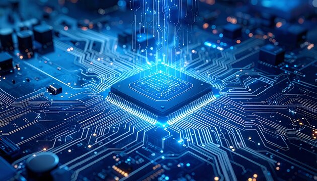 A glowing computer chip emits beams, depicting technology, processing power, and electronic circuitry against a blue-toned, futuristic background