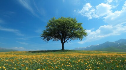Majestic tree stands amidst vibrant yellow flowers against a serene sky