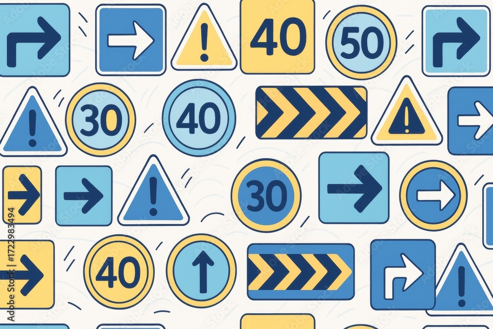 Poster colorful traffic signs pattern with arrows, speed limits, and warning symbols on a light background 