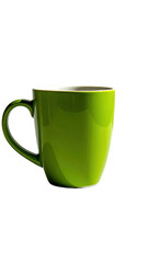 A vibrant lime green ceramic mug with a slightly curved body and a C-shaped handle, shown against a black background