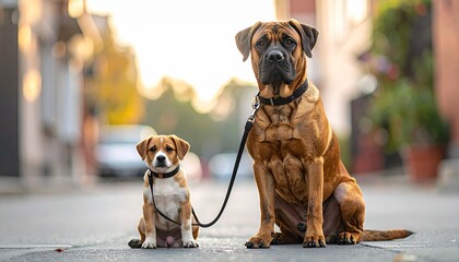 Two dogs, a large and small, sitting on a city street