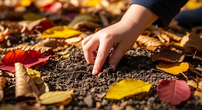 Childs hand exploring fallen autumn leaves and soil on the ground.