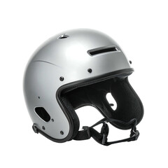 Fototapeta premium Sleek, silver helmet with matte finish, featuring a streamlined design, integrated chin strap, and ventilation ports. Offers protective headgear