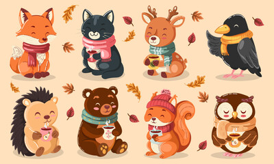 Cute autumn animals drinking tea and coffee. Cozy woodland characters with scarves and fall leaves