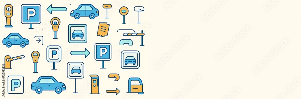 Poster parking and transportation icons on left side with clean light background and empty copy space on ri